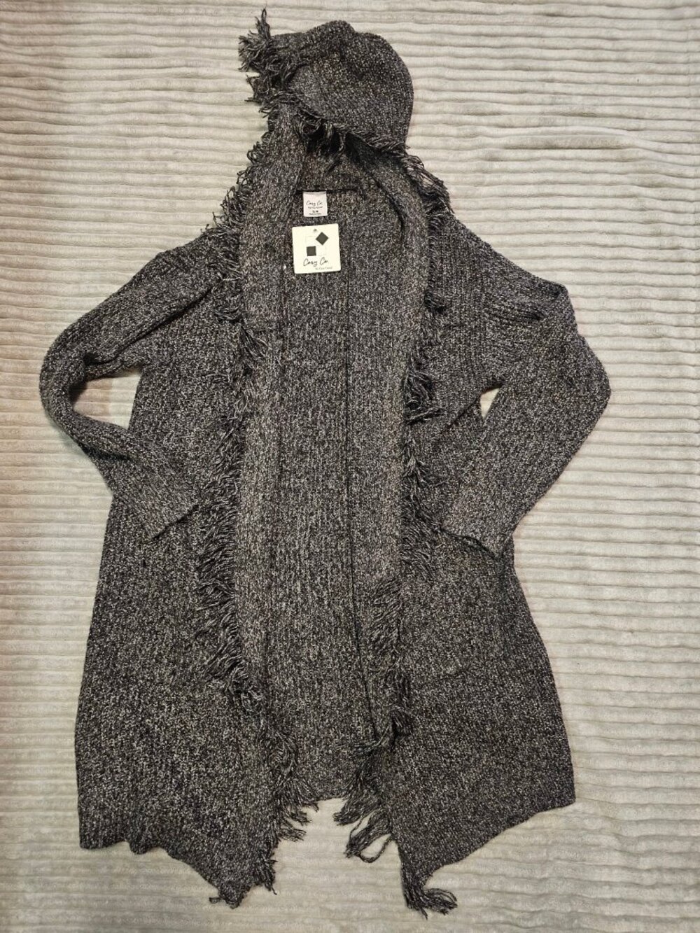 Cozy Co Hooded Fringe Cardigan Charcoal Knit Pockets NWT S/M